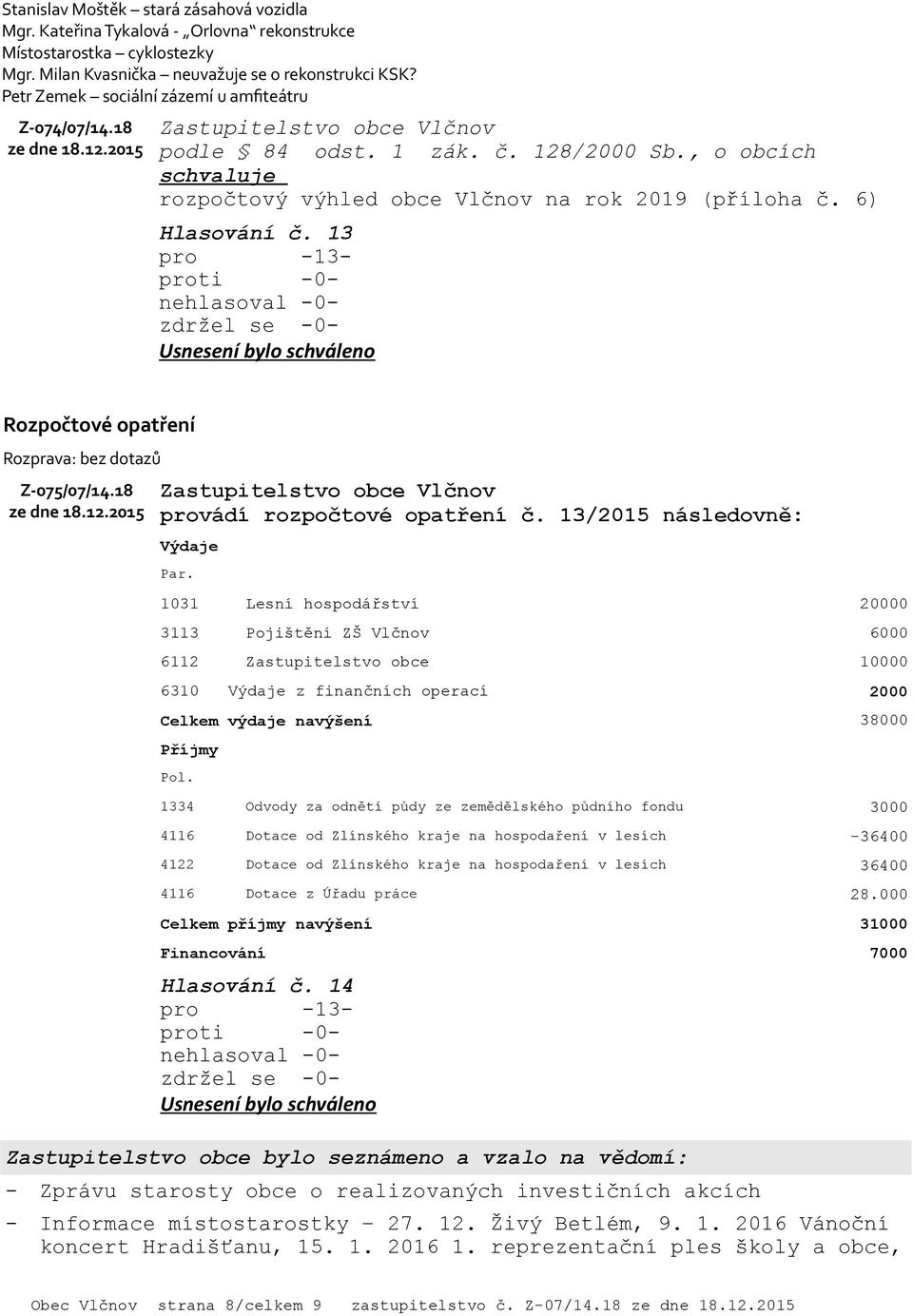 13 Rozpočtové opatření Rozprava: bez dotazů Z-075/07/14.18 provádí rozpočtové opatření č. 13/2015 následovně: Výdaje Par.