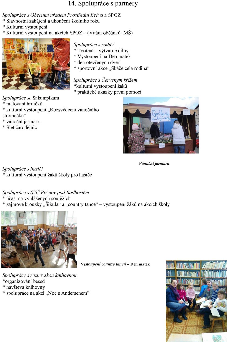 praktické ukázky první pomoci Spolupráce se Sakumpikum * malování hrníčků * kulturní vystoupení Rozsvědcení vánočního stromečku * vánoční jarmark * Slet čarodějnic Spolupráce s hasiči * kulturní