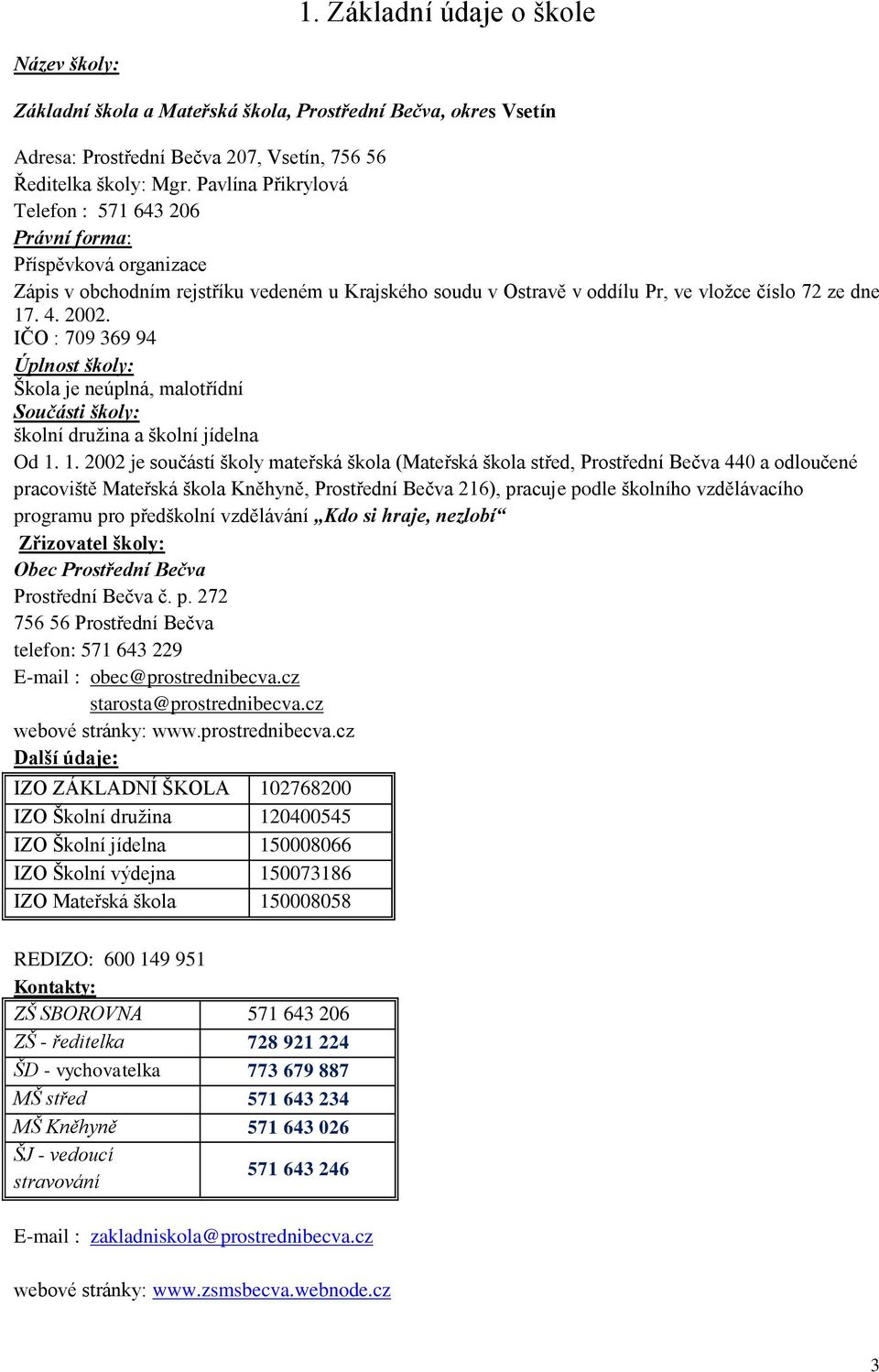 IČO : 709 369 94 Úplnost školy: Škola je neúplná, malotřídní Součásti školy: školní družina a školní jídelna Od 1.