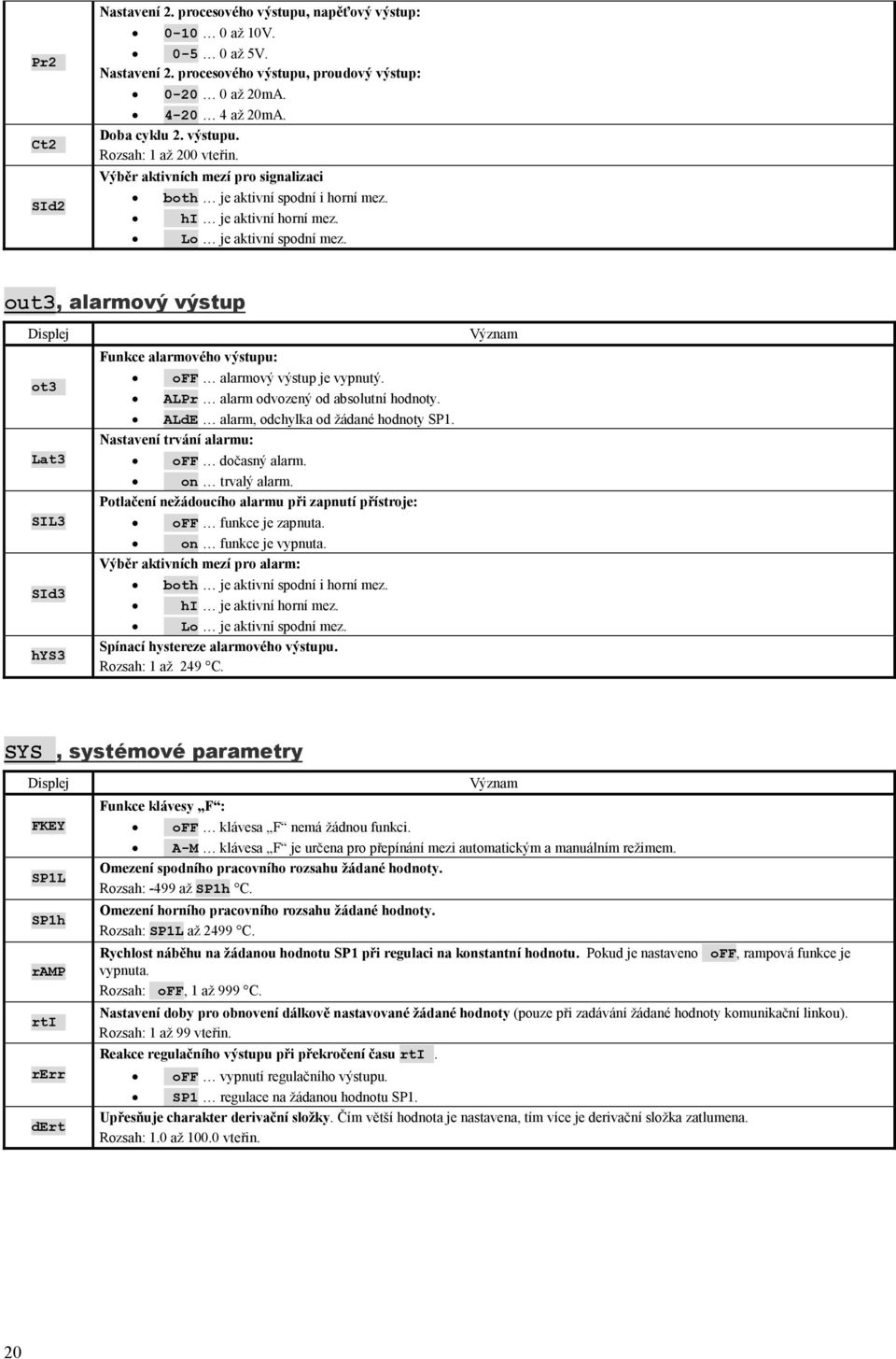out3, alarmový výstup Displej ot3 Lat3 SIL3 SId3 hys3 Funkce alarmového výstupu: off alarmový výstup je vypnutý. ALPr alarm odvozený od absolutní hodnoty. ALdE alarm, odchylka od žádané hodnoty SP.