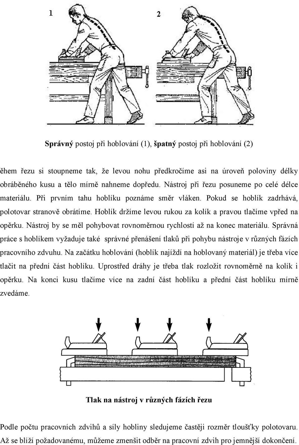 Hoblík držíme levou rukou za kolík a pravou tlačíme vpřed na opěrku. Nástroj by se měl pohybovat rovnoměrnou rychlostí až na konec materiálu.
