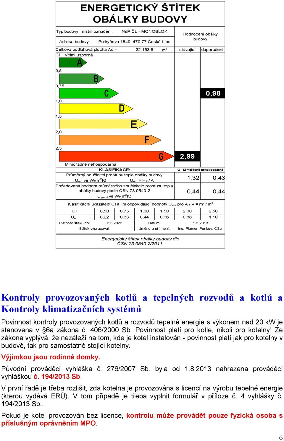 ENERGETICKÝ ŠTÍTEK OBÁLKY BUDOVY Typ budovy, místní označení: Adresa budovy: Celková podlahová plocha Ac = CI Velmi úsporná NsP ČL - MONOBLOK Purkyňova 1849, 470 77 Česká Lípa Hodnocení obálky budovy