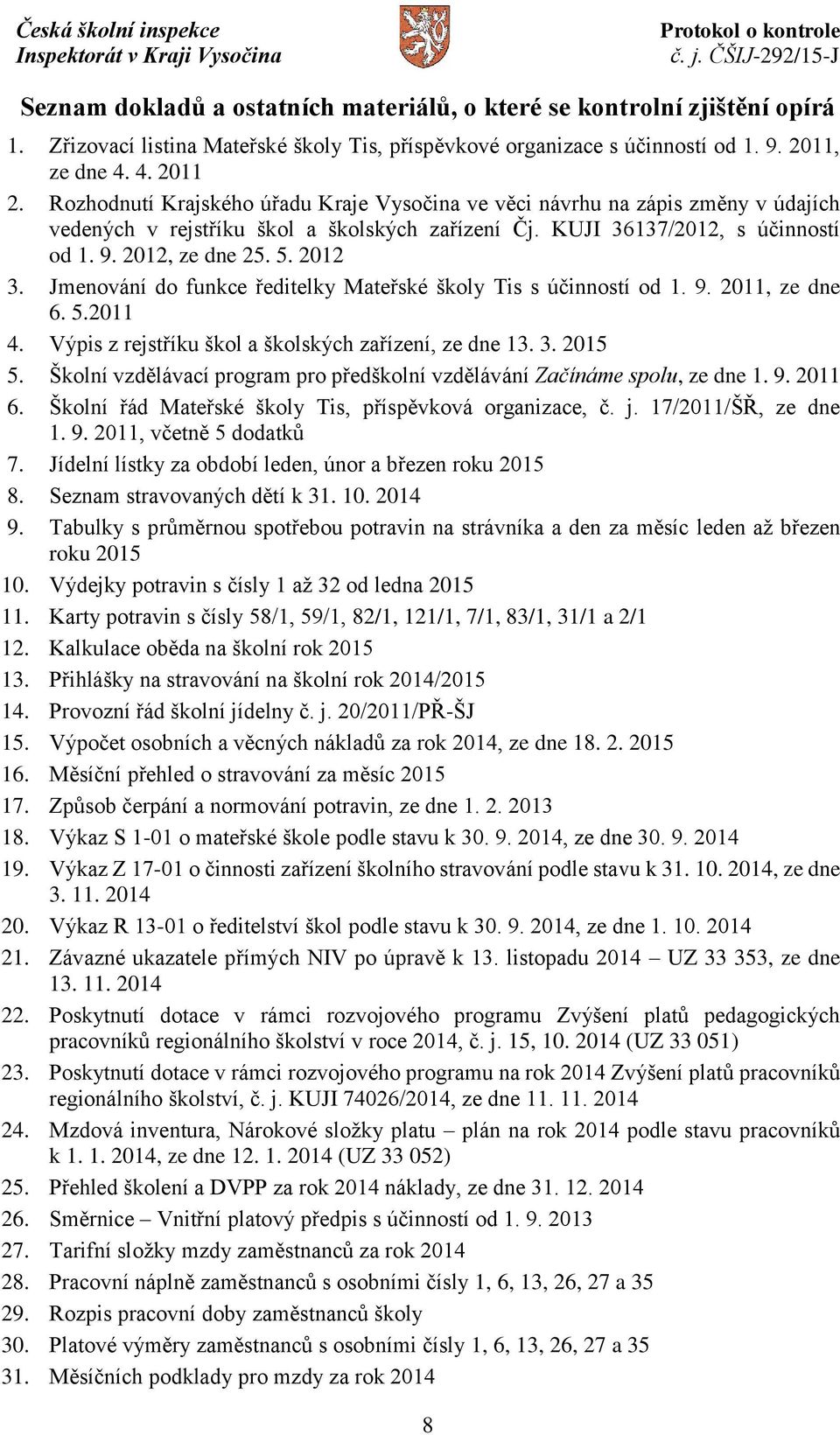 Jmenování do funkce ředitelky Mateřské školy Tis s účinností od 1. 9. 2011, ze dne 6. 5.2011 4. Výpis z rejstříku škol a školských zařízení, ze dne 13. 3. 2015 5.