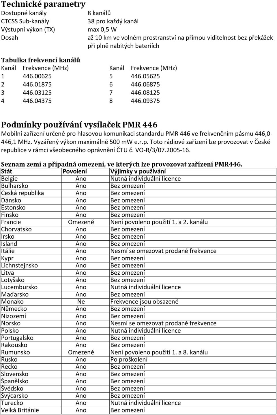 09375 Podmínky používání vysílaček PMR 446 Mobilní zařízení určené pro hlasovou komunikaci standardu PMR 446 ve frekvenčním pásmu 446,0-446,1 MHz. Vyzářený výkon maximálně 500 mw e.r.p. Toto rádiové zařízení lze provozovat v České republice v rámci všeobecného oprávnění ČTU č.