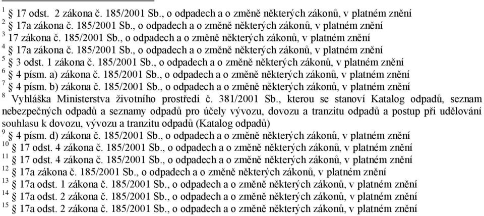 a) zákona č. 185/2001 Sb., o odpadech a o změně některých zákonů, v platném znění 7 4 písm. b) zákona č. 185/2001 Sb., o odpadech a o změně některých zákonů, v platném znění 8 Vyhláška Ministerstva životního prostředí č.