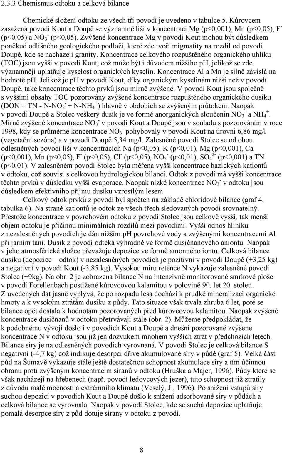 Zvýšené koncentrace Mg v povodí Kout mohou být důsledkem poněkud odlišného geologického podloží, které zde tvoří migmatity na rozdíl od povodí Doupě, kde se nacházejí granity.