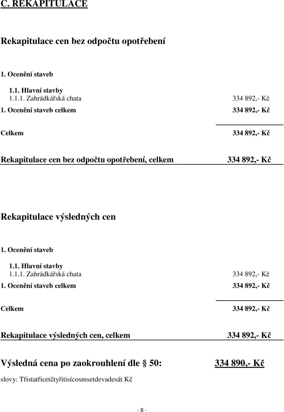 cen 1. Ocenění staveb 1.1. Hlavní stavby 1.1.1. Zahrádkářská chata 334 892,- Kč 1.