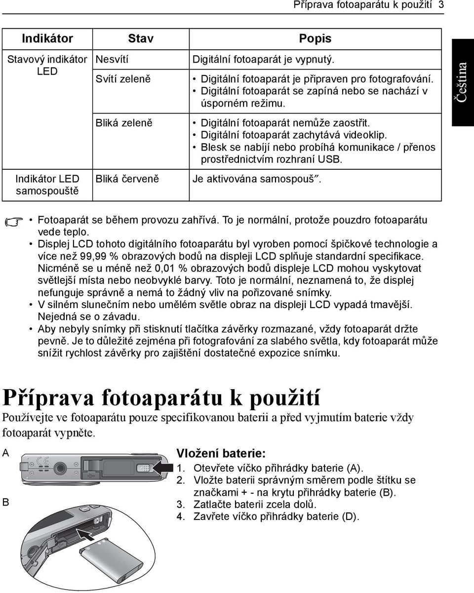 Blesk se nabíjí nebo probíhá komunikace / přenos prostřednictvím rozhraní USB. Je aktivována samospouš. Fotoaparát se během provozu zahřívá. To je normální, protože pouzdro fotoaparátu vede teplo.