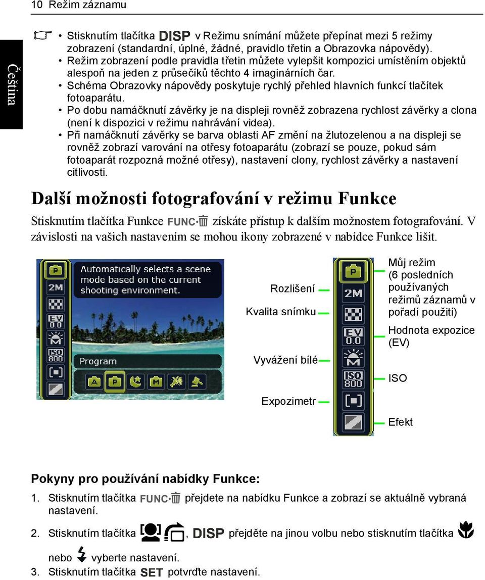 Schéma Obrazovky nápovědy poskytuje rychlý přehled hlavních funkcí tlačítek fotoaparátu.