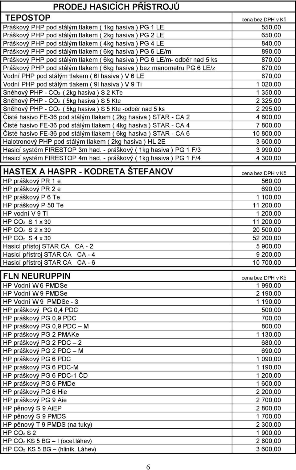 6kg hasiva ) bez manometru PG 6 LE/z 870,00 Vodní PHP pod stálým tlakem ( 6l hasiva ) V 6 LE 870,00 Vodní PHP pod stálým tlakem ( 9l hasiva ) V 9 Ti 1 020,00 Sněhový PHP - CO2 ( 2kg hasiva ) S 2 KTe