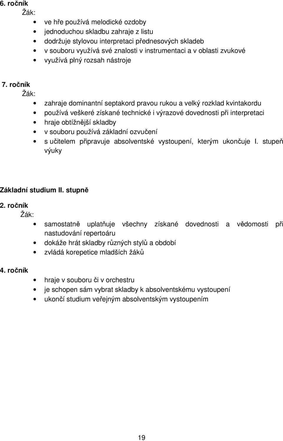 ročník zahraje dominantní septakord pravou rukou a velký rozklad kvintakordu používá veškeré získané technické i výrazové dovednosti při interpretaci hraje obtížnější skladby v souboru používá