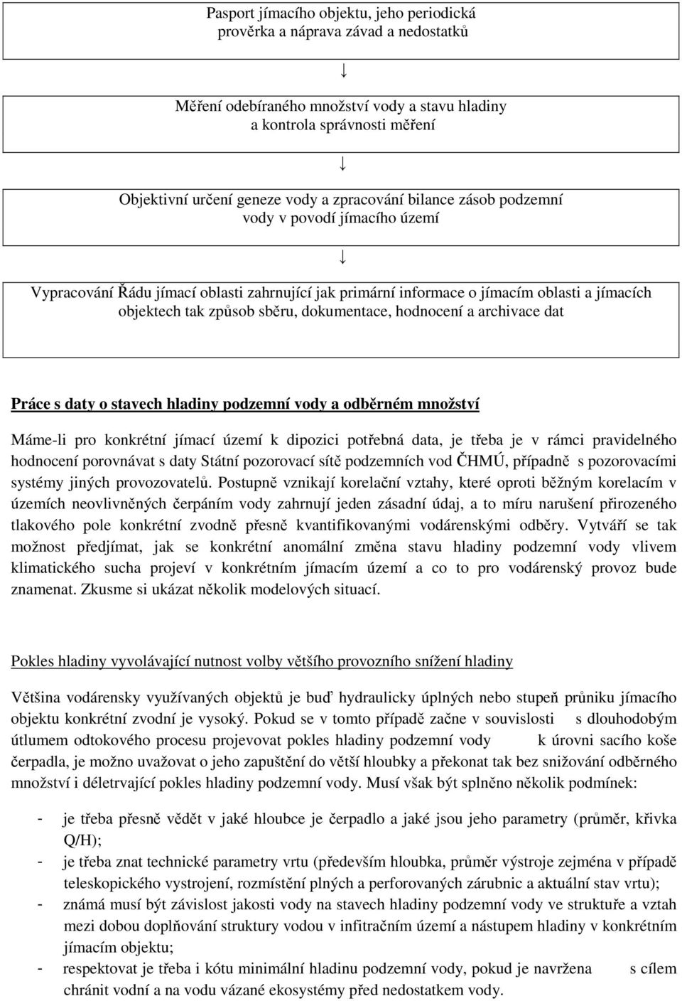 hodnocení a archivace dat Práce s daty o stavech hladiny podzemní vody a odběrném množství Máme-li pro konkrétní jímací území k dipozici potřebná data, je třeba je v rámci pravidelného hodnocení