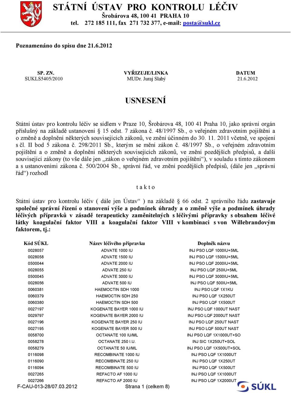 2012 USNESENÍ Státní ústav pro kontrolu léčiv se sídlem v Praze 10, Šrobárova 48, 100 41 Praha 10, jako správní orgán příslušný na základě ustanovení 15 odst. 7 zákona č. 48/1997 Sb.