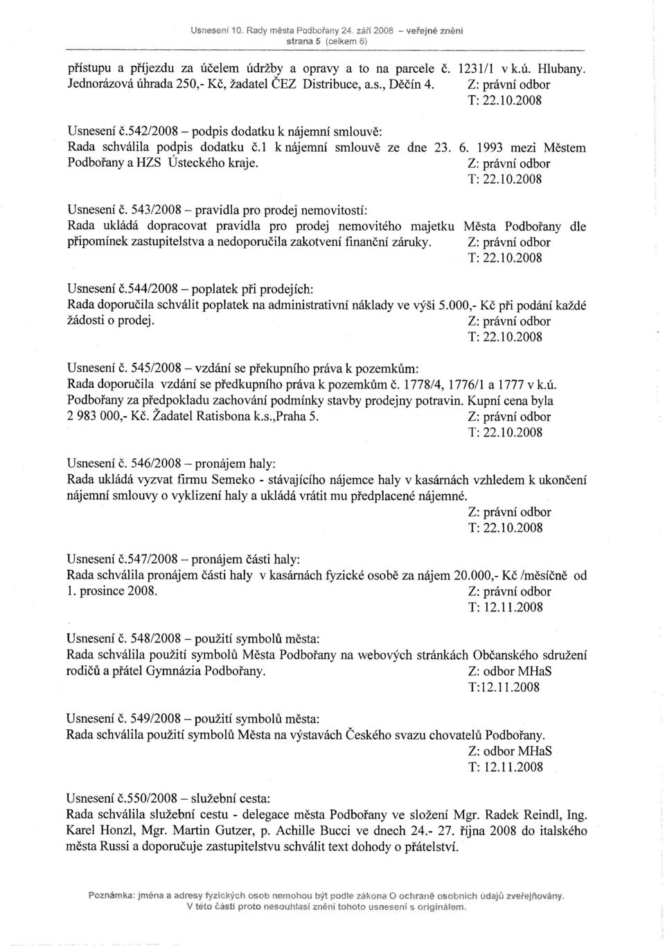 1993 mezi Městem Podbořany a HZS Ústeckého kraje. Usnesení č.