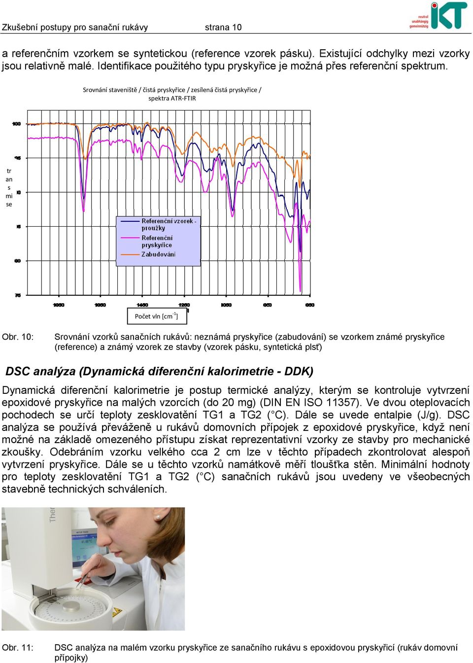 10: Srovnání vzorků sanačních rukávů: neznámá pryskyřice (zabudování) se vzorkem známé pryskyřice (reference) a známý vzorek ze stavby (vzorek pásku, syntetická plsť) DSC analýza (Dynamická
