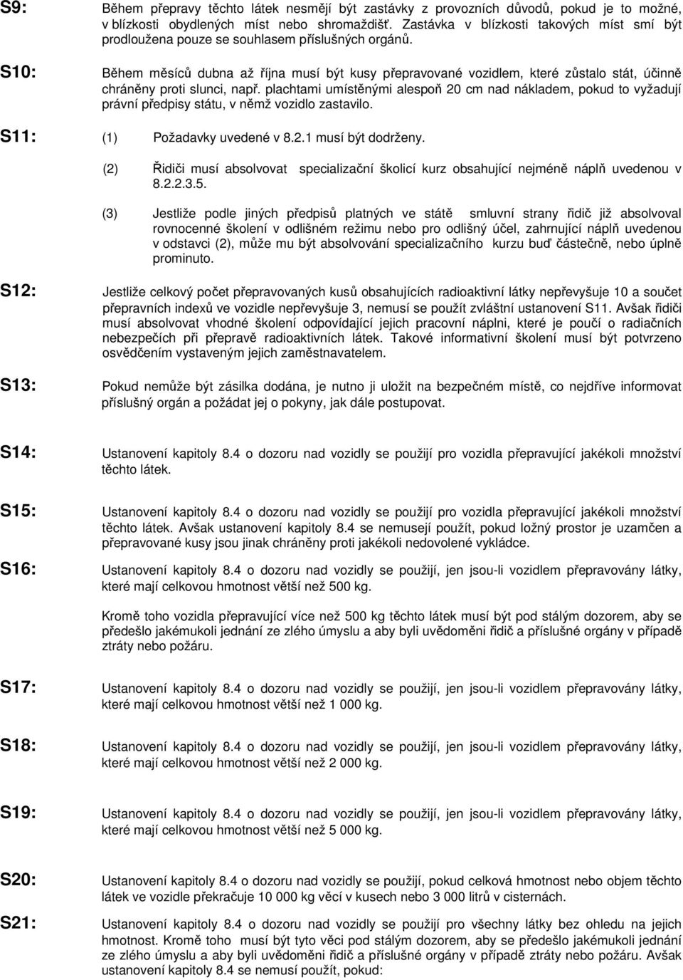 S10: Během měsíců dubna až října musí být kusy přepravované vozidlem, které zůstalo stát, účinně chráněny proti slunci, např.