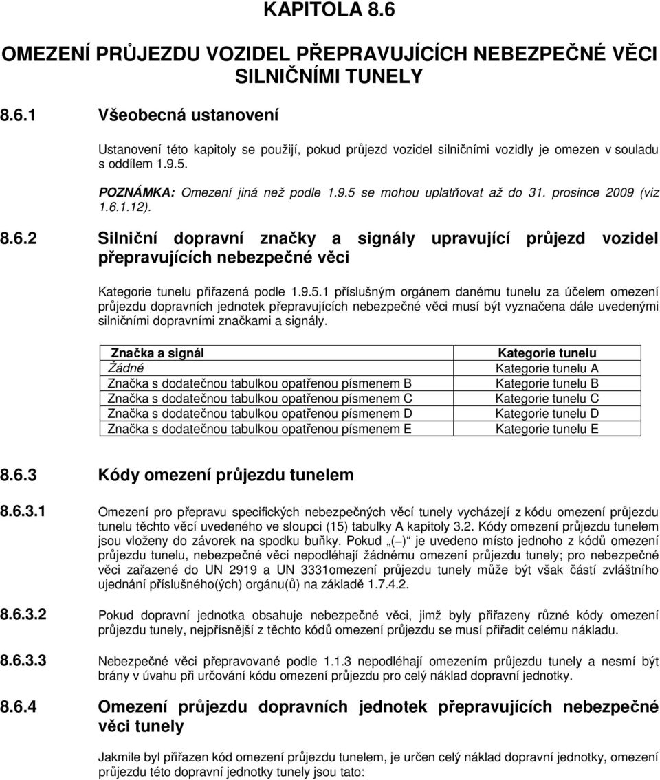 1.12). 8.6.2 Silniční dopravní značky a signály upravující průjezd vozidel přepravujících nebezpečné věci Kategorie tunelu přiřazená podle 1.9.5.