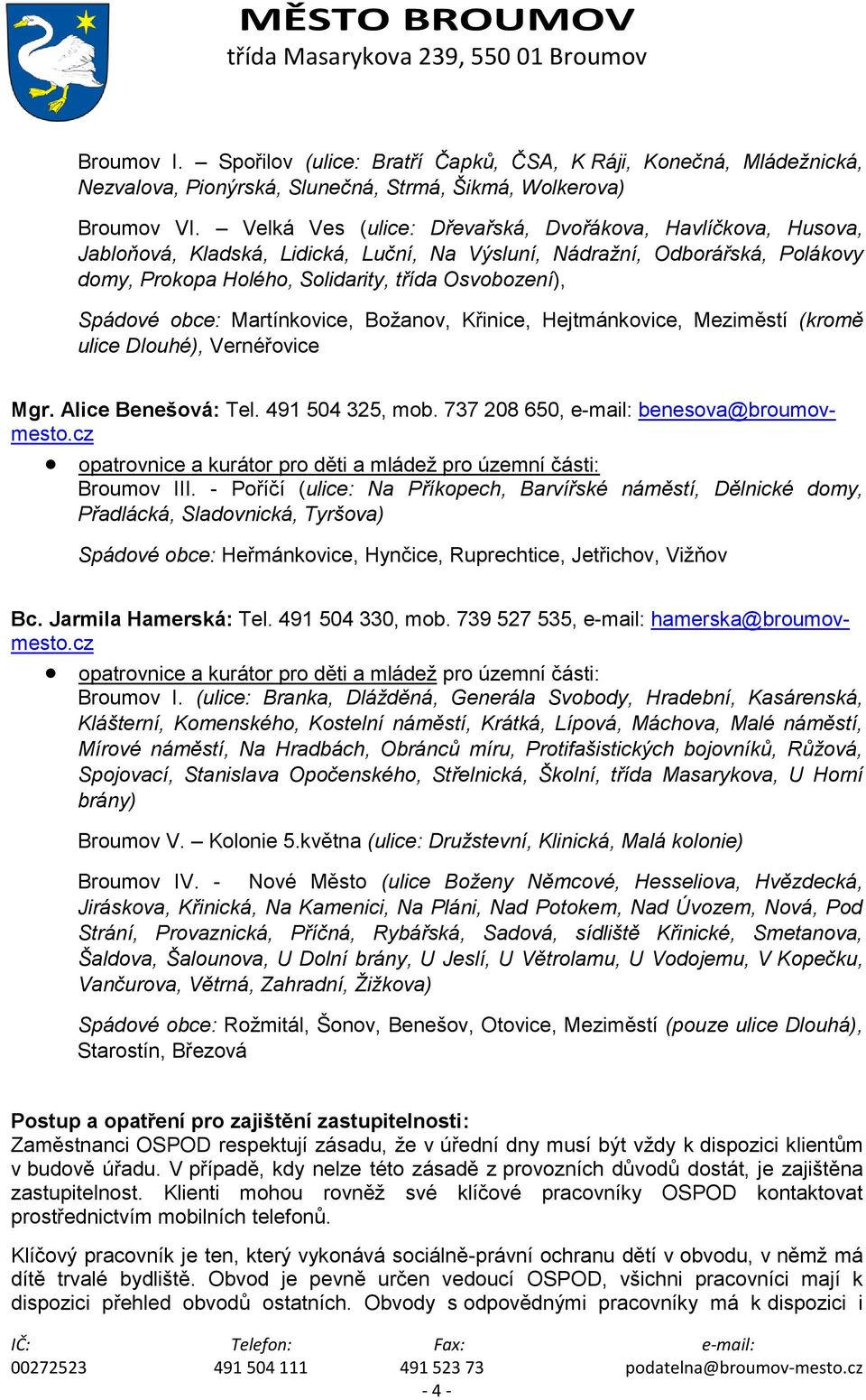 obce: Martínkovice, Božanov, Křinice, Hejtmánkovice, Meziměstí (kromě ulice Dlouhé), Vernéřovice Mgr. Alice Benešová: Tel. 491 504 325, mob. 737 208 650, e-mail: benesova@broumovmesto.