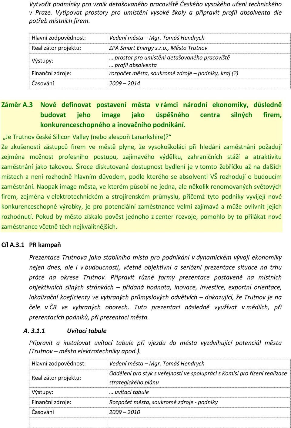 ) Časování 2009 2014 Záměr A.3 Nově definovat postavení města v rámci národní ekonomiky, důsledně budovat jeho image jako úspěšného centra silných firem, konkurenceschopného a inovačního podnikání.