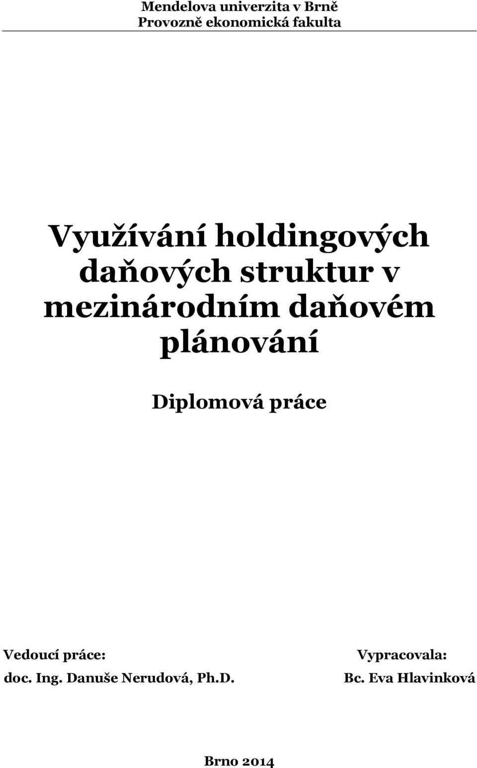 daňovém plánování Diplomová práce Vedoucí práce: doc. Ing.