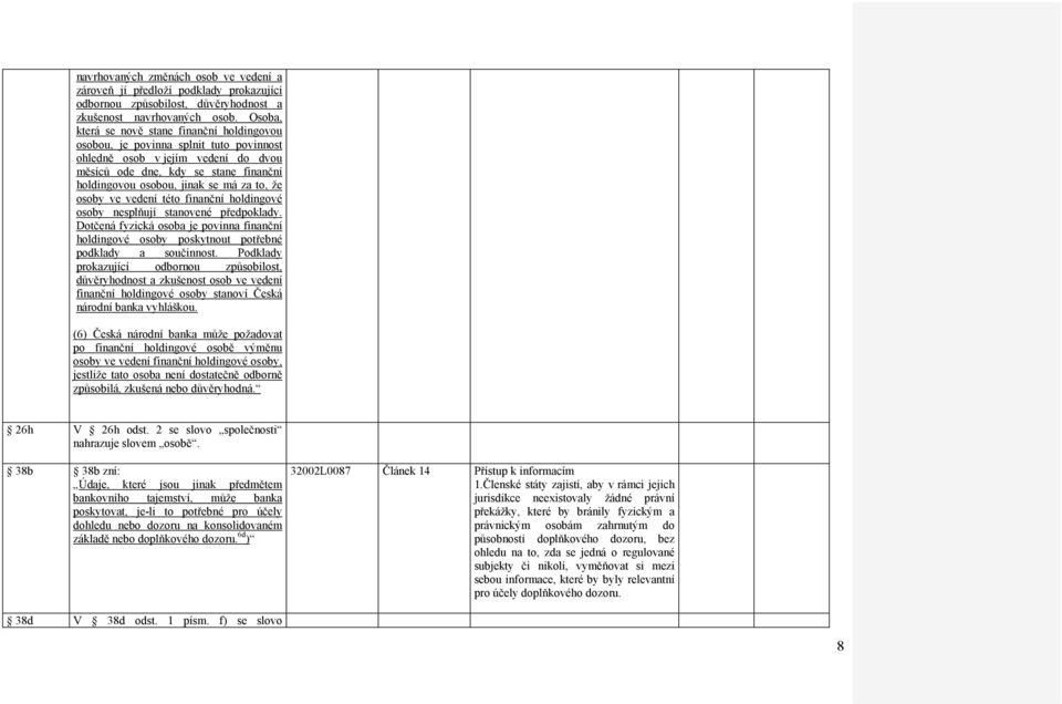 to, že osoby ve vedení této finanční holdingové osoby nesplňují stanovené předpoklady. Dotčená fyzická osoba je povinna finanční holdingové osoby poskytnout potřebné podklady a součinnost.