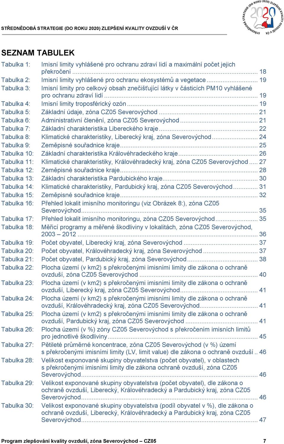 .. 19 Tabulka 5: Základní údaje, zóna CZ05 Severovýchod... 21 Tabulka 6: Administrativní členění, zóna CZ05 Severovýchod... 21 Tabulka 7: Základní charakteristika Libereckého kraje.