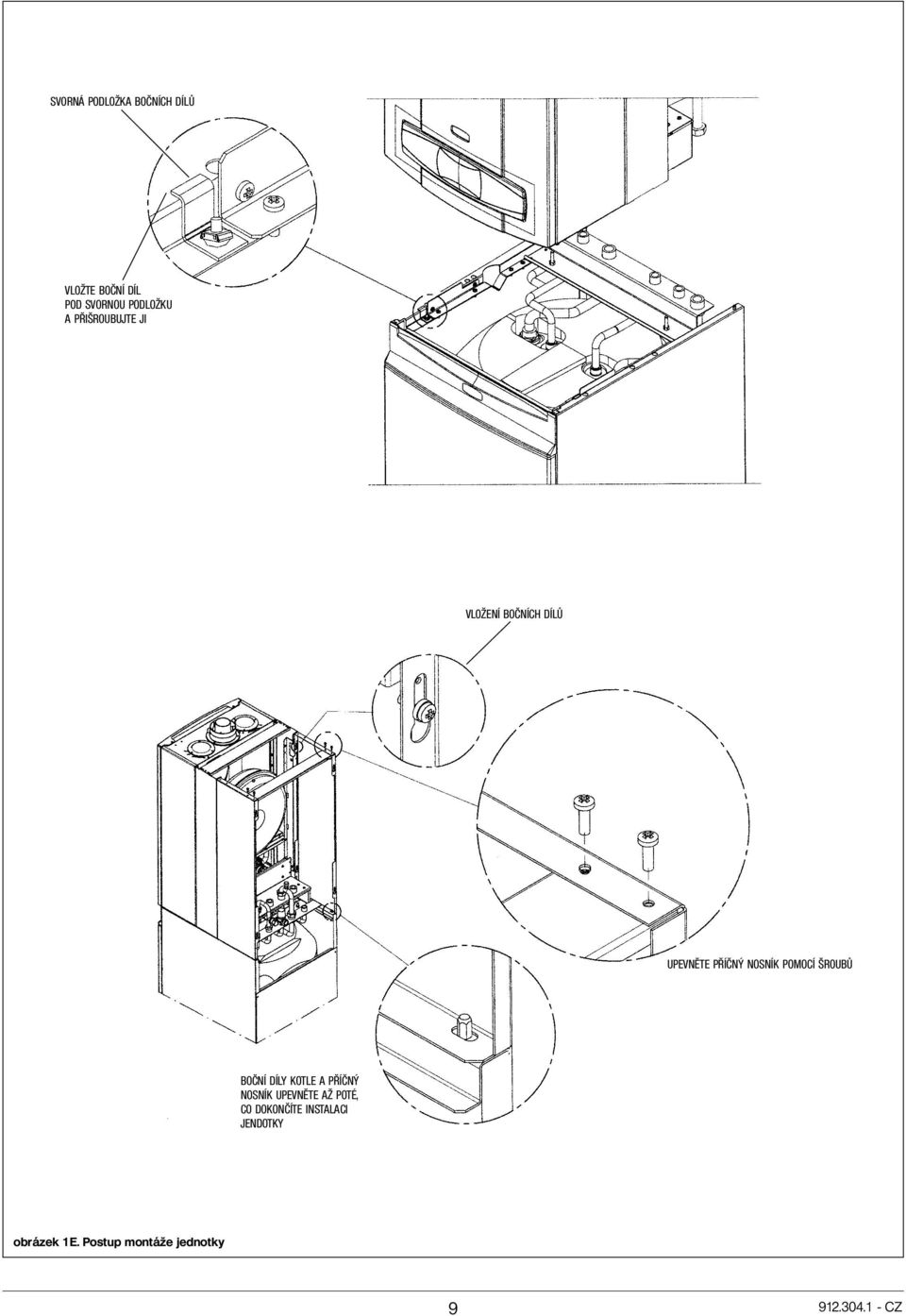 ŠROUBŮ BOČNÍ DÍLY KOTLE A PŘÍČNÝ NOSNÍK UPEVNĚTE AŽ POTÉ, CO