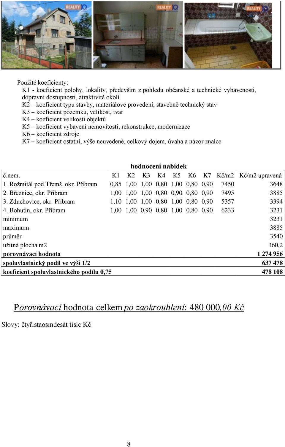 výše neuvedené, celkový dojem, úvaha a názor znalce hodnocení nabídek č.nem. K1 K2 K3 K4 K5 K6 K7 Kč/m2 Kč/m2 upravená 1. Rožmitál pod Třemš, okr.