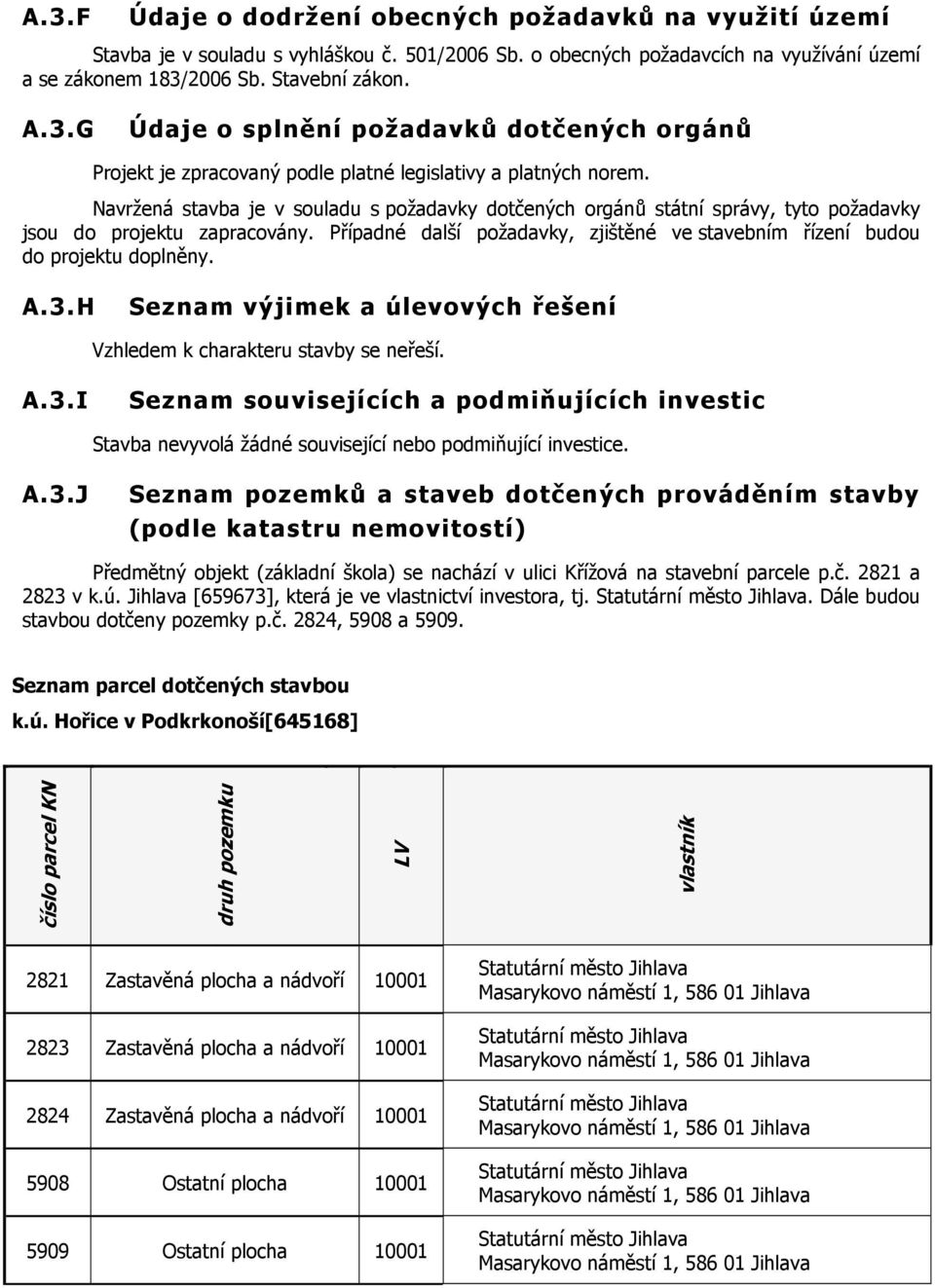 A.3.H Seznam výjimek a úlevových řešení A.3.I Seznam souvisejících a podmiňujících investic Stavba nevyvolá žádné související nebo podmiňující investice. A.3.J Seznam pozemků a staveb dotčených prováděním stavby (podle katastru nemovitostí) Předmětný objekt (základní škola) se nachází v ulici Křížová na stavební parcele p.