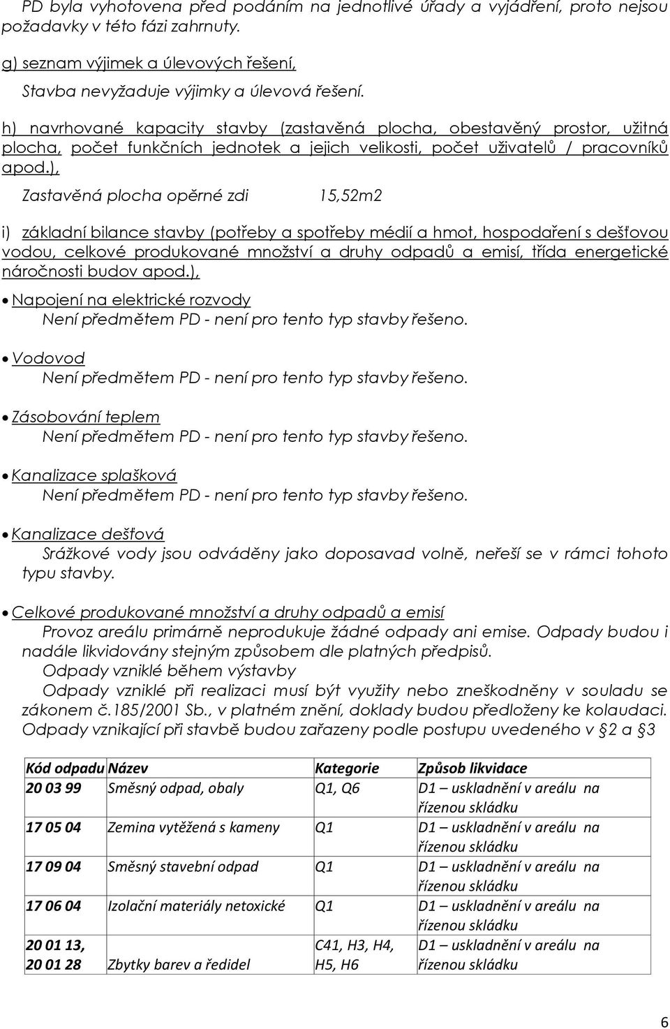 ), Zastavěná plocha opěrné zdi 15,52m2 i) základní bilance stavby (potřeby a spotřeby médií a hmot, hospodaření s dešťovou vodou, celkové produkované množství a druhy odpadů a emisí, třída