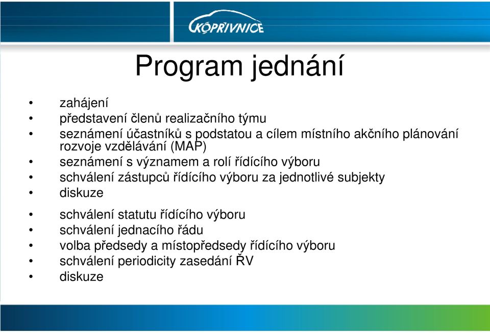 schválení zástupců řídícího výboru za jednotlivé subjekty diskuze schválení statutu řídícího výboru