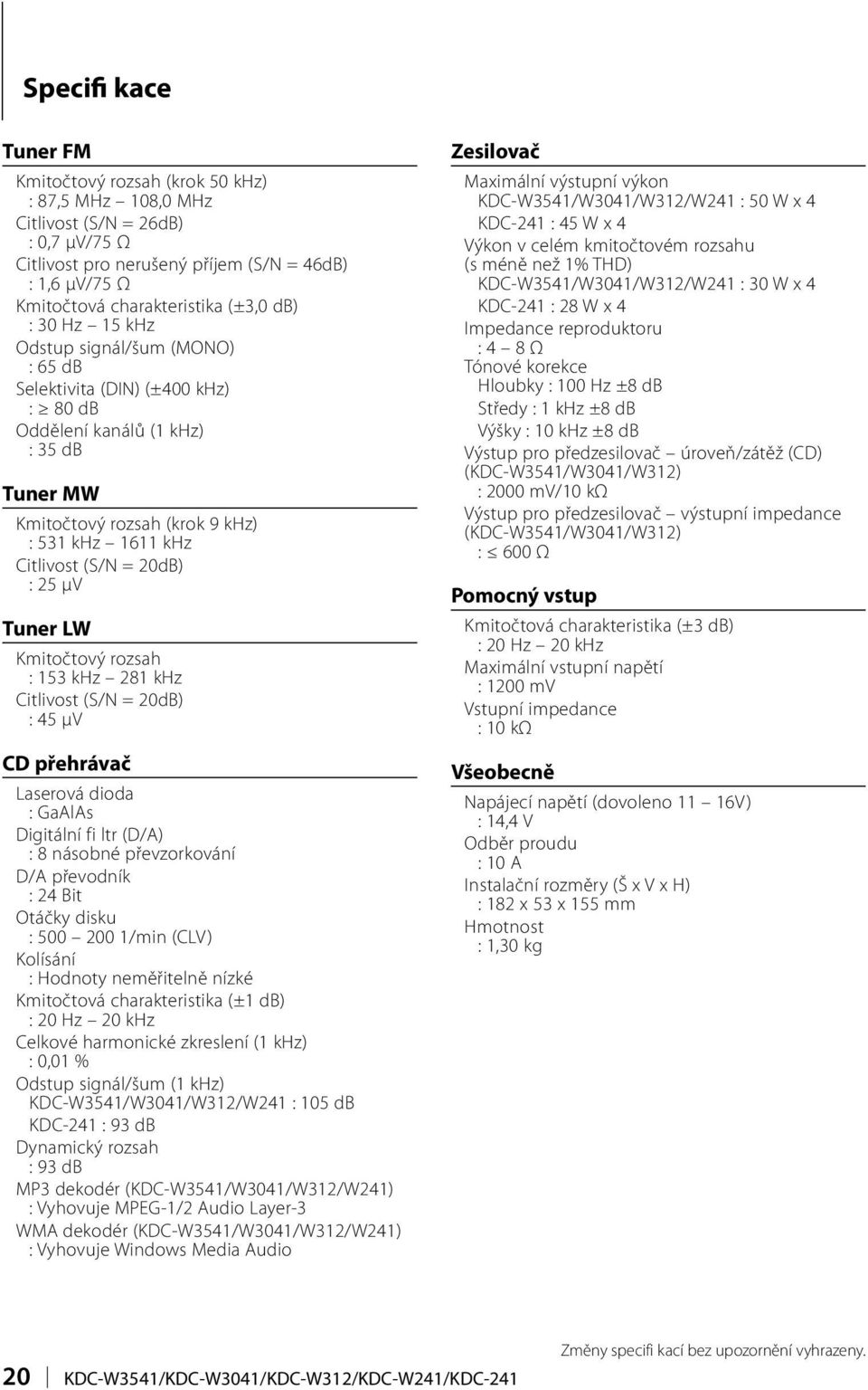 (S/N = 20dB) : 25 μv Tuner LW Kmitočtový rozsah : 153 khz 281 khz Citlivost (S/N = 20dB) : 45 μv CD přehrávač Laserová dioda : GaAlAs Digitální fi ltr (D/A) : 8 násobné převzorkování D/A převodník :