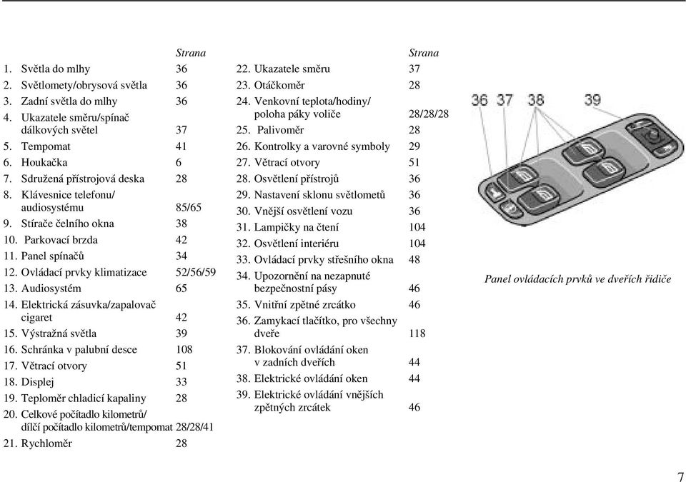 Elektrická zásuvka/zapalovač cigaret 42 15. Výstražná světla 39 16. Schránka v palubní desce 108 17. Větrací otvory 51 18. Displej 33 19. Teploměr chladicí kapaliny 28 20.