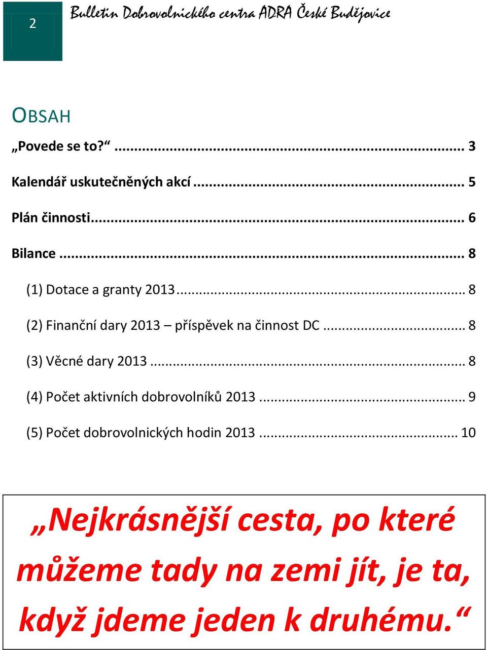 .. 8 (3) Věcné dary 2013... 8 (4) Počet aktivních dobrovolníků 2013.