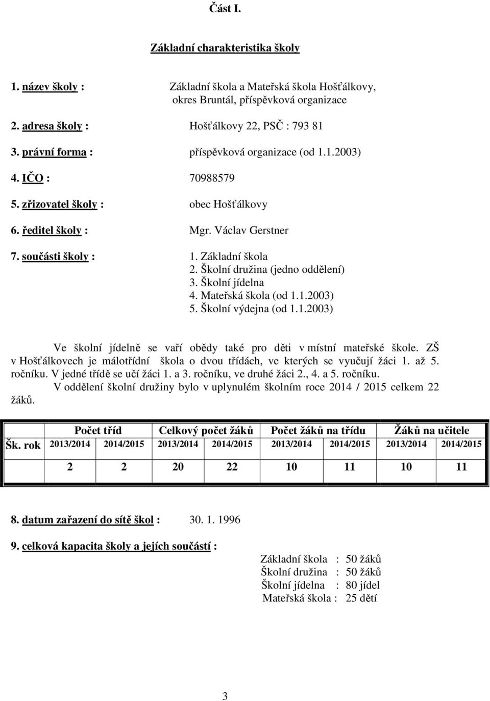 Školní družina (jedno oddělení) 3. Školní jídelna 4. Mateřská škola (od 1.1.2003) 5. Školní výdejna (od 1.1.2003) Ve školní jídelně se vaří obědy také pro děti v místní mateřské škole.