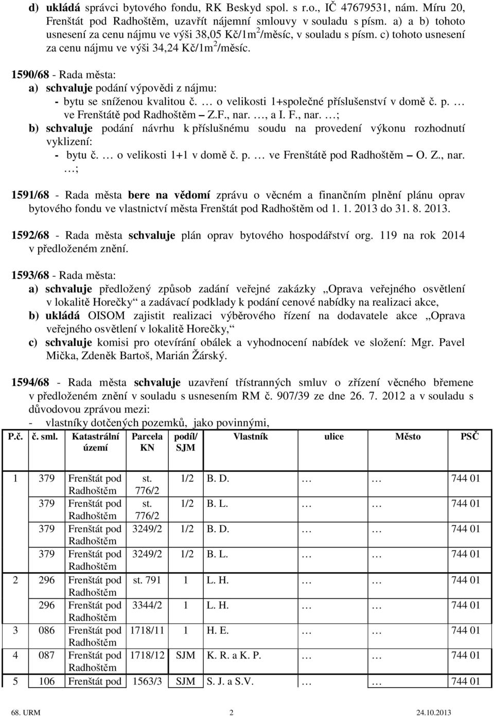 1590/68 - Rada města: a) schvaluje podání výpovědi z nájmu: - bytu se sníženou kvalitou č. o velikosti 1+společné příslušenství v domě č. p. ve Frenštátě pod Z.F., nar.