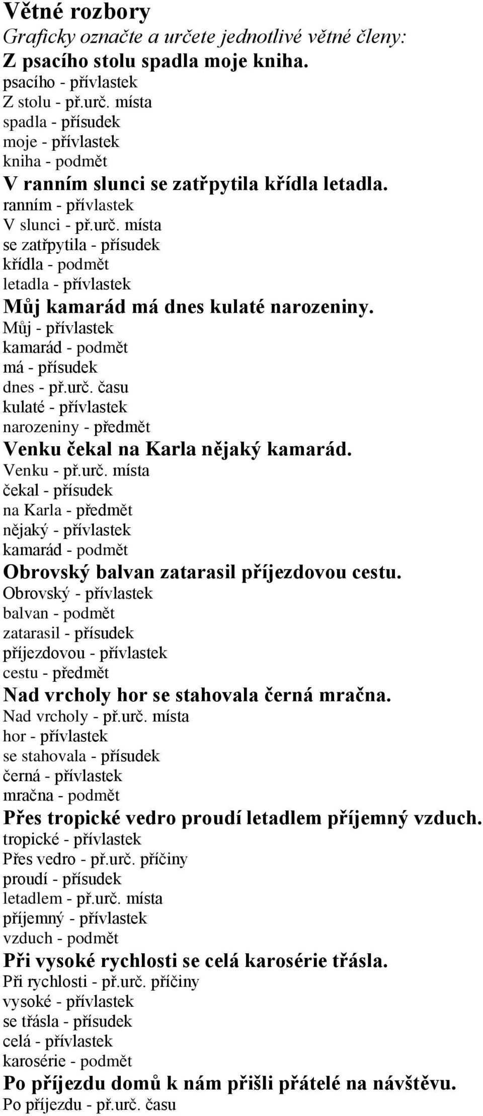 Můj - přívlastek kamarád - podmět má - přísudek dnes - př.urč. času kulaté - přívlastek narozeniny - předmět Venku čekal na Karla nějaký kamarád. Venku - př.urč. místa čekal - přísudek na Karla - předmět nějaký - přívlastek kamarád - podmět Obrovský balvan zatarasil příjezdovou cestu.