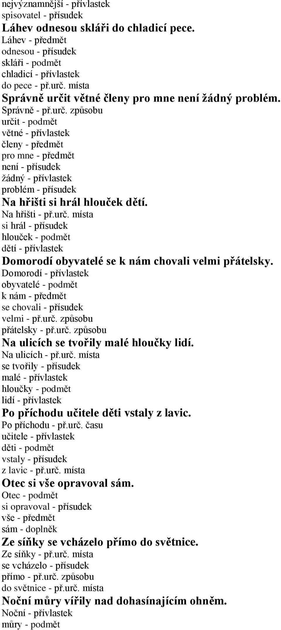 Na hřišti - př.urč. místa si hrál - přísudek hlouček - podmět dětí - přívlastek Domorodí obyvatelé se k nám chovali velmi přátelsky.