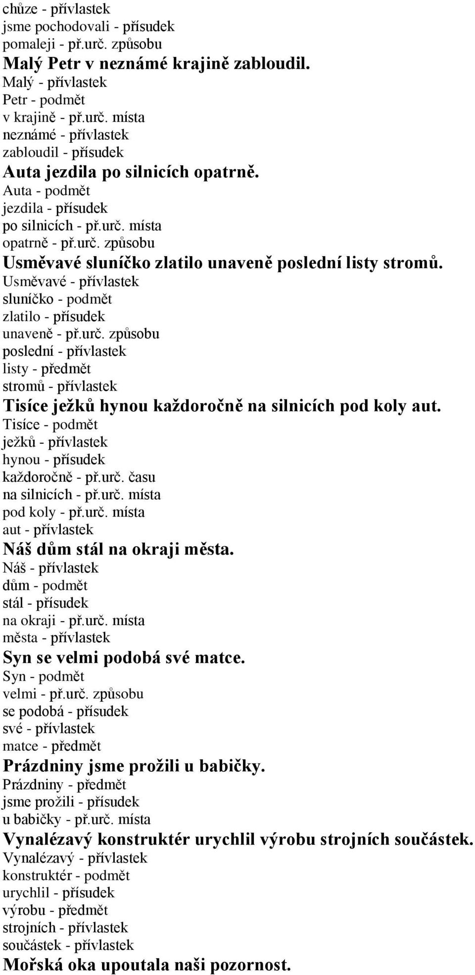 Usměvavé - přívlastek sluníčko - podmět zlatilo - přísudek unaveně - př.urč. způsobu poslední - přívlastek listy - předmět stromů - přívlastek Tisíce ježků hynou každoročně na silnicích pod koly aut.