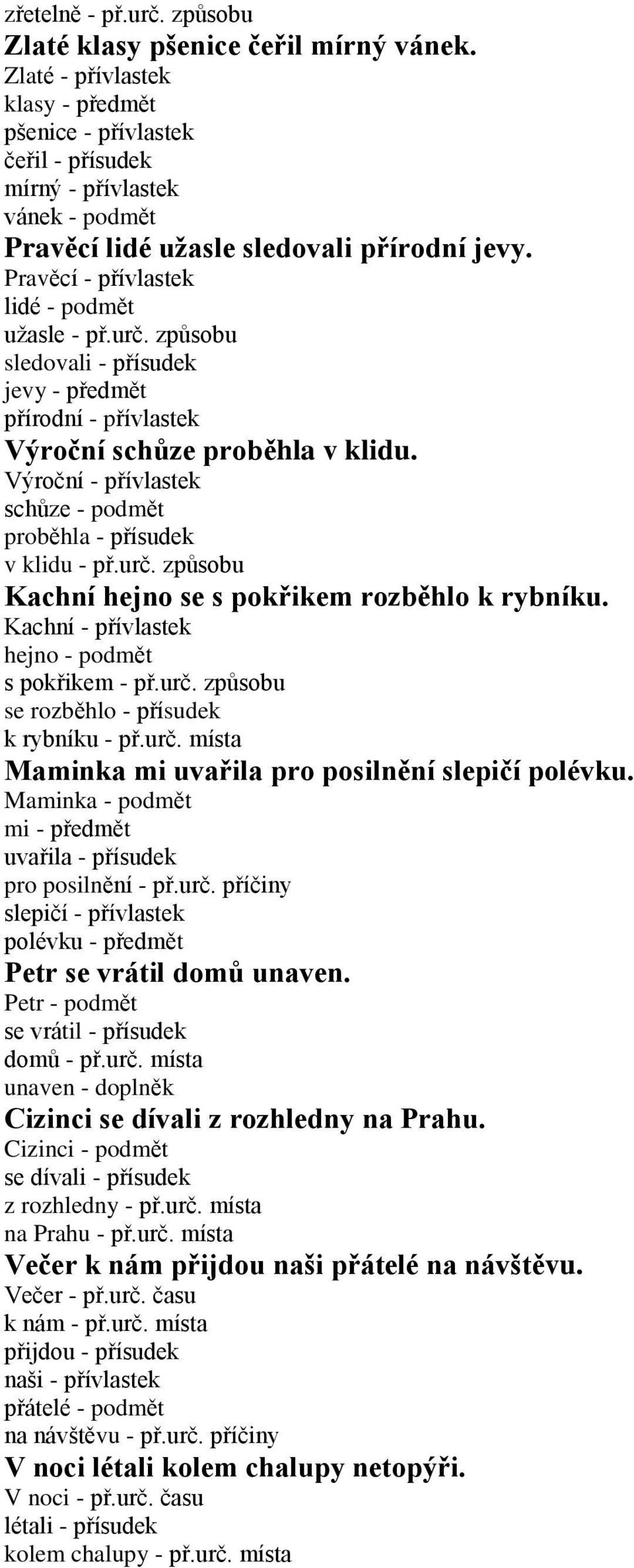 urč. způsobu sledovali - přísudek jevy - předmět přírodní - přívlastek Výroční schůze proběhla v klidu. Výroční - přívlastek schůze - podmět proběhla - přísudek v klidu - př.urč. způsobu Kachní hejno se s pokřikem rozběhlo k rybníku.