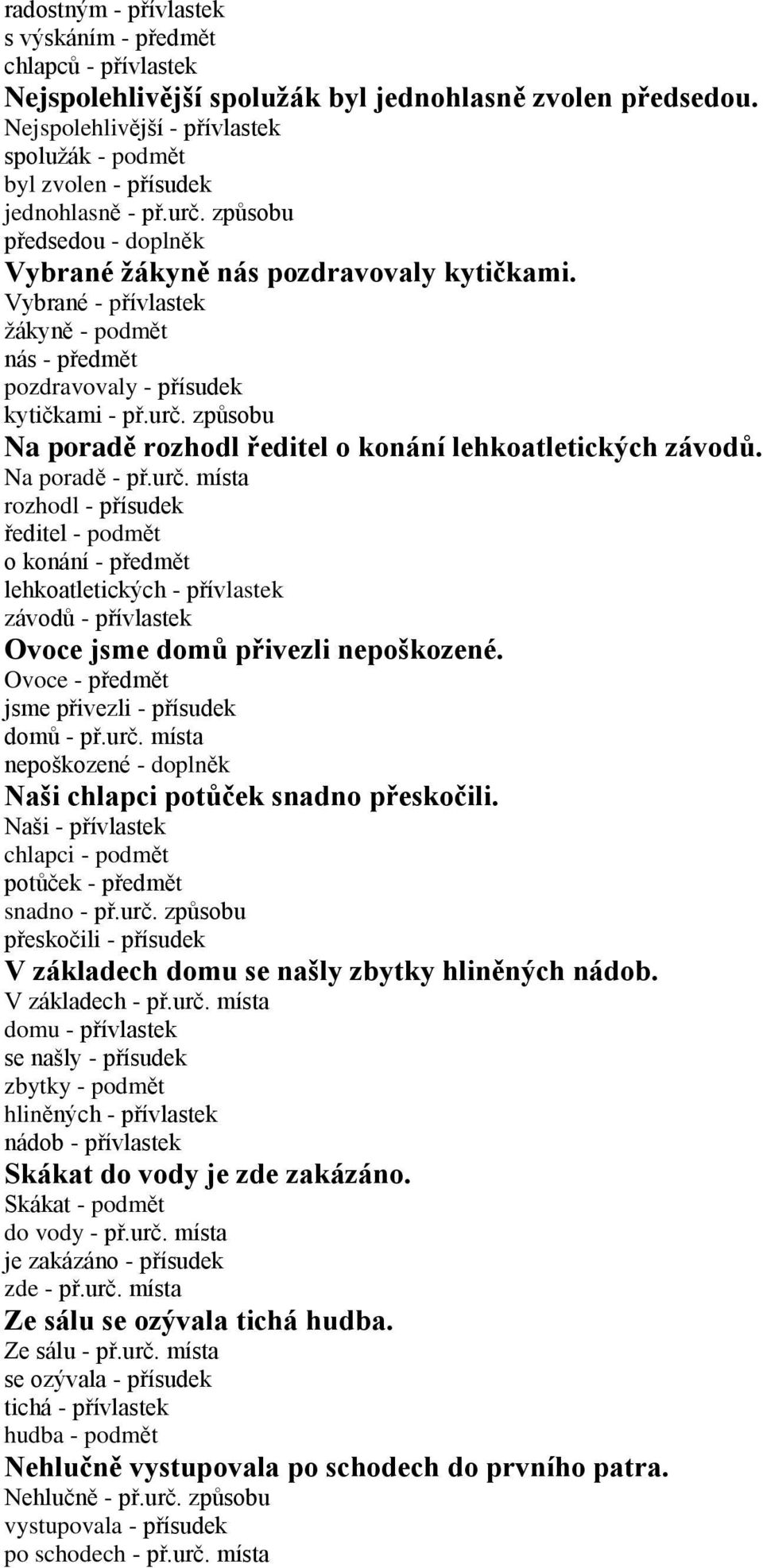 Vybrané - přívlastek žákyně - podmět nás - předmět pozdravovaly - přísudek kytičkami - př.urč.