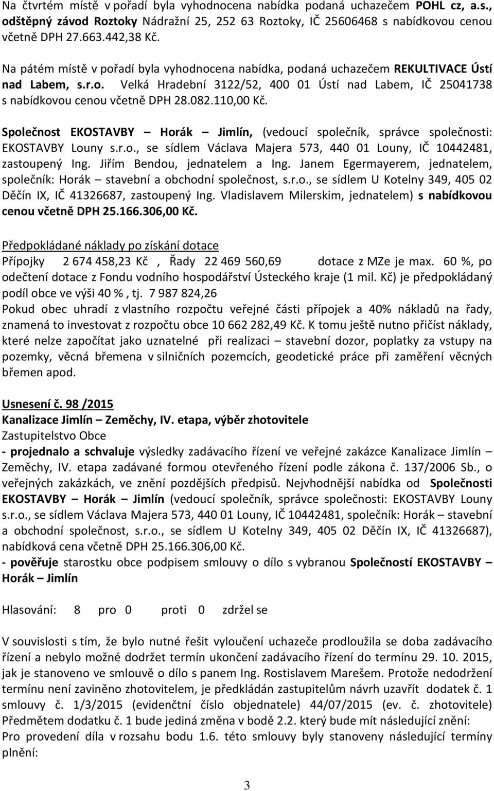 110,00 Kč. Společnost EKOSTAVBY Horák Jimlín, (vedoucí společník, správce společnosti: EKOSTAVBY Louny s.r.o., se sídlem Václava Majera 573, 440 01 Louny, IČ 10442481, zastoupený Ing.