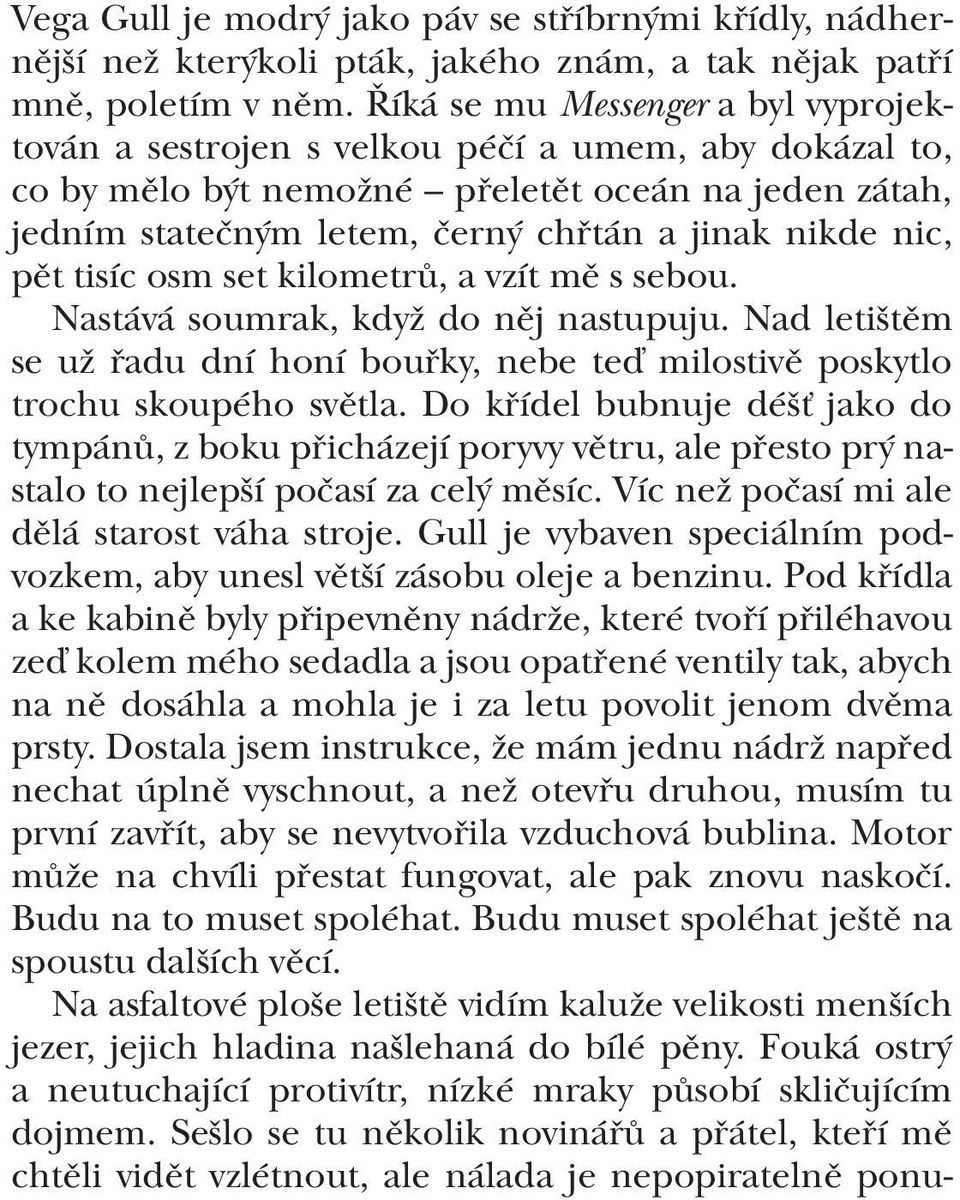 nic, pět tisíc osm set kilometrů, a vzít mě s sebou. Nastává soumrak, když do něj nastupuju. Nad letištěm se už řadu dní honí bouřky, nebe teď milostivě poskytlo trochu skoupého světla.