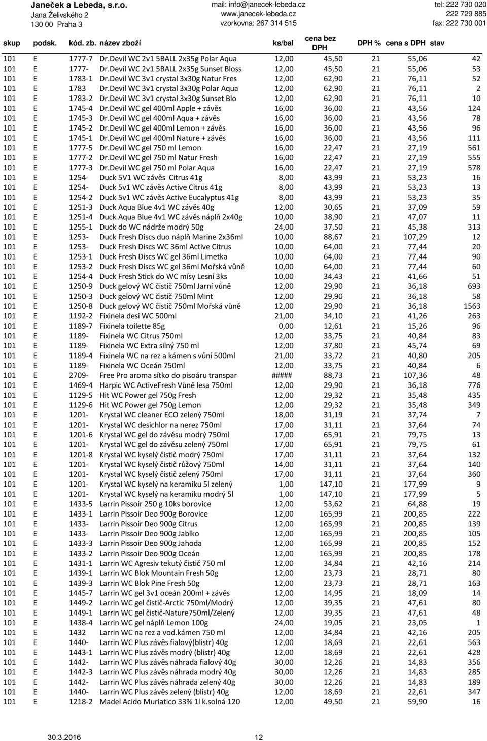 Devil WC 3v1 crystal 3x30g Sunset Blo 12,00 62,90 21 76,11 10 101 E 1745-4 Dr.Devil WC gel 400ml Apple + závěs 16,00 36,00 21 43,56 124 101 E 1745-3 Dr.