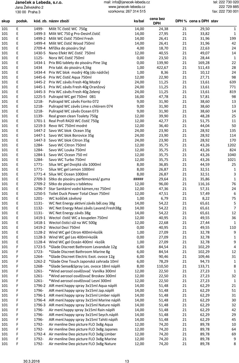 4,00 18,70 21 22,63 24 101 E 1430-5 Nano Efekt WC čistič 750ml 12,00 40,55 21 49,07 14 101 E 1125- Nora WC čistič 750ml 0,00 23,50 21 28,44 1 101 E 1434-1 Prix BIG tablety do pisoáru Pine 1kg 0,00