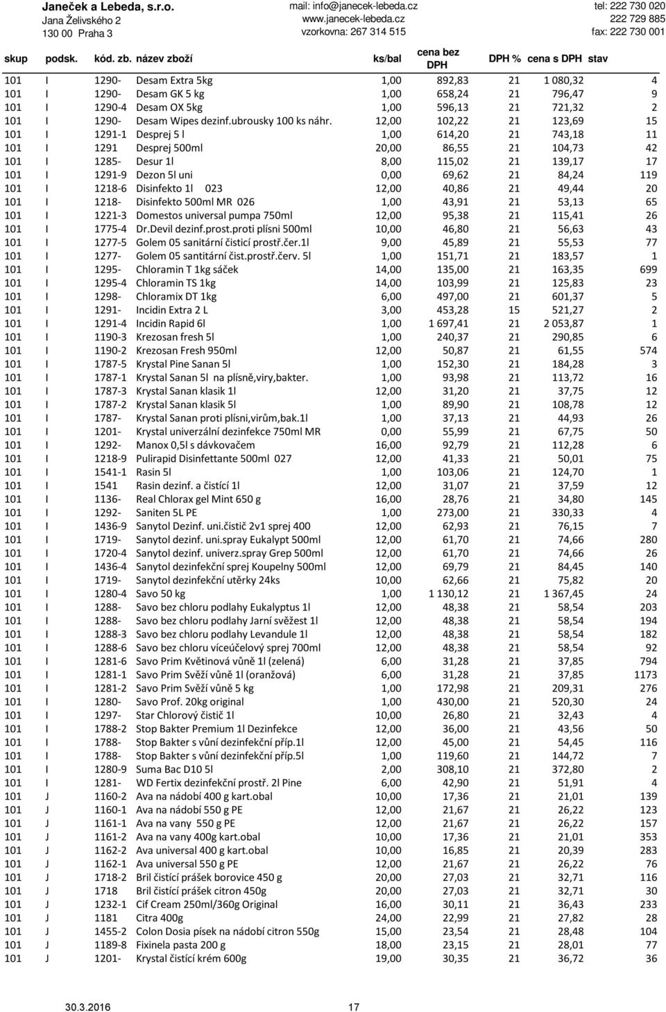 12,00 102,22 21 123,69 15 101 I 1291-1 Desprej 5 l 1,00 614,20 21 743,18 11 101 I 1291 Desprej 500ml 20,00 86,55 21 104,73 42 101 I 1285- Desur 1l 8,00 115,02 21 139,17 17 101 I 1291-9 Dezon 5l uni