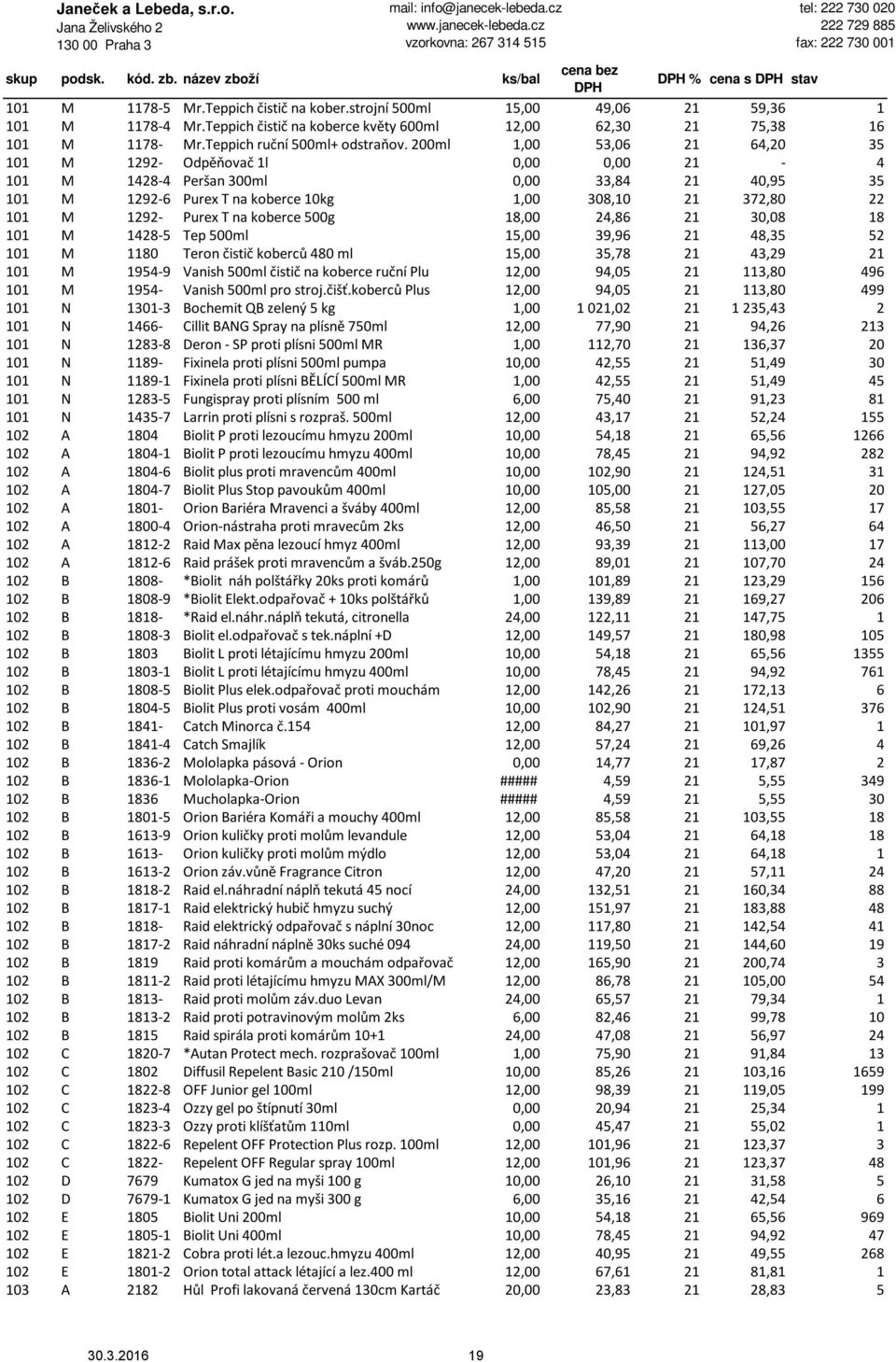 200ml 1,00 53,06 21 64,20 35 101 M 1292- Odpěňovač 1l 0,00 0,00 21-4 101 M 1428-4 Peršan 300ml 0,00 33,84 21 40,95 35 101 M 1292-6 Purex T na koberce 10kg 1,00 308,10 21 372,80 22 101 M 1292- Purex T