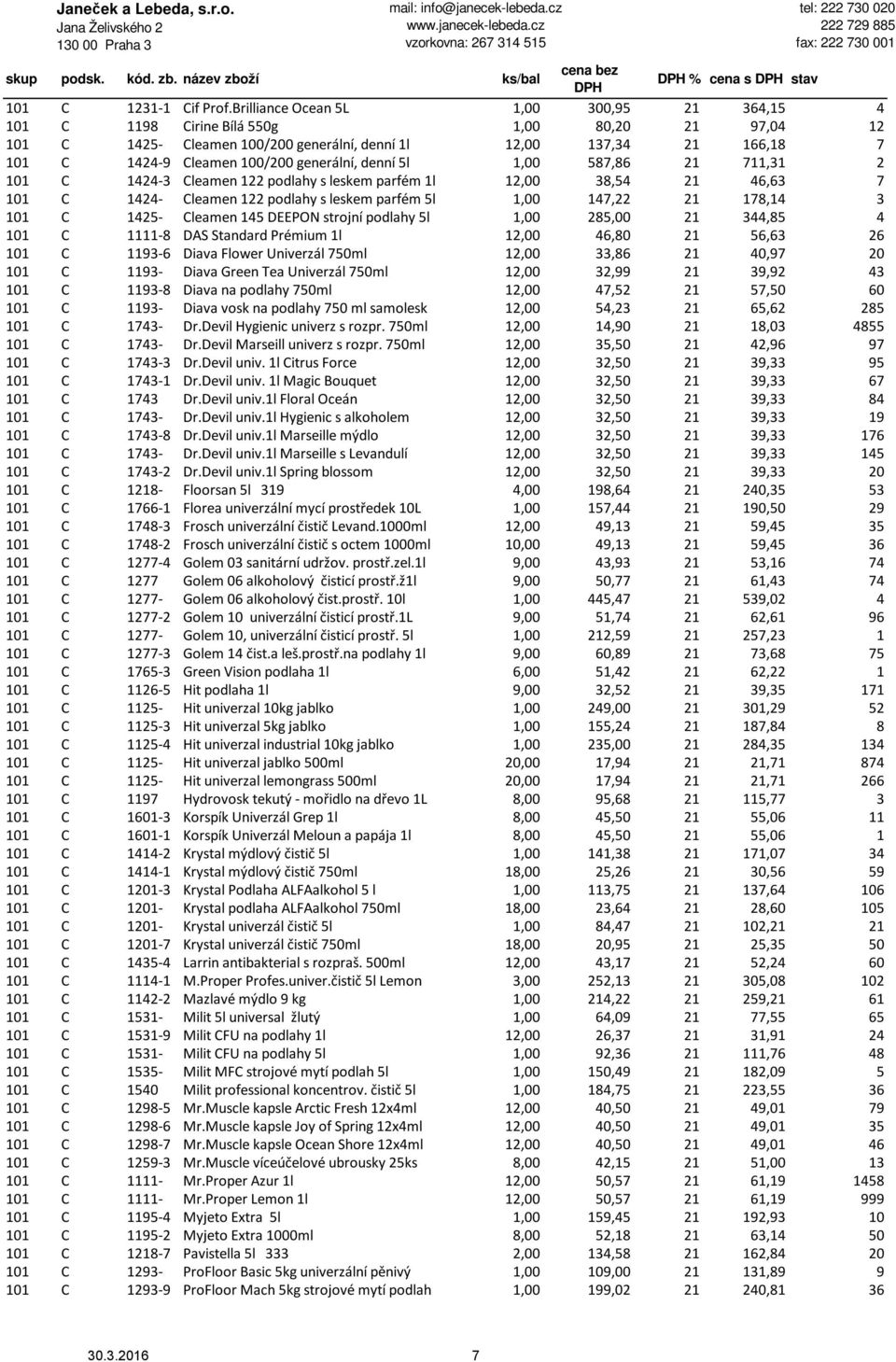 generální, denní 5l 1,00 587,86 21 711,31 2 101 C 1424-3 Cleamen 122 podlahy s leskem parfém 1l 12,00 38,54 21 46,63 7 101 C 1424- Cleamen 122 podlahy s leskem parfém 5l 1,00 147,22 21 178,14 3 101 C