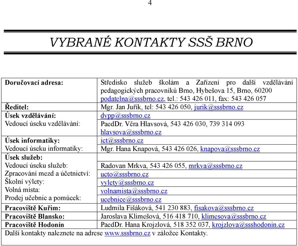 Věra Hlavsová, 543 426 030, 739 314 093 hlavsova@sssbrno.cz Úsek informatiky: ict@sssbrno.