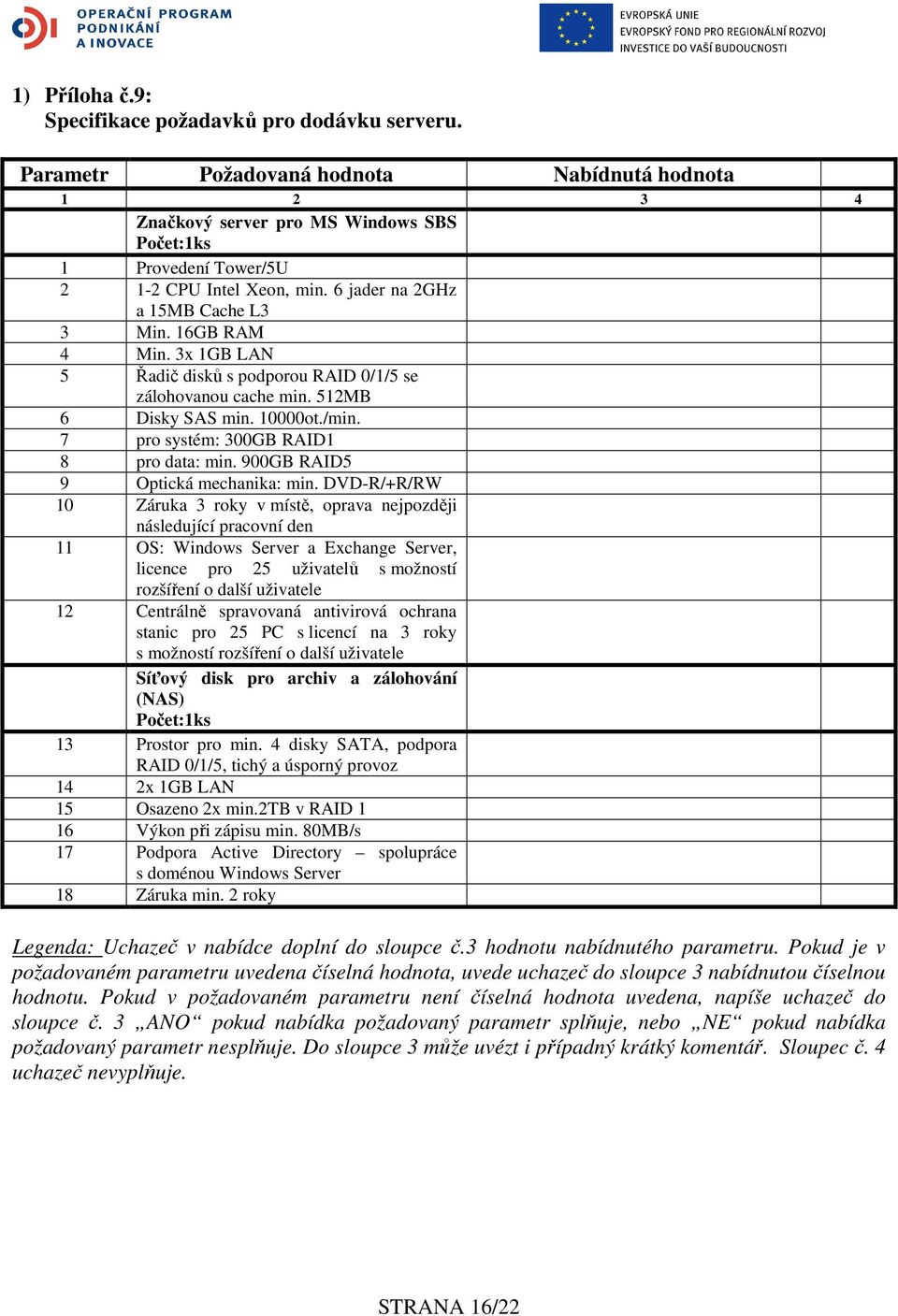 16GB RAM 4 Min. 3x 1GB LAN 5 Řadič disků s podporou RAID 0/1/5 se zálohovanou cache min. 512MB 6 Disky SAS min. 10000ot./min. 7 pro systém: 300GB RAID1 8 pro data: min.